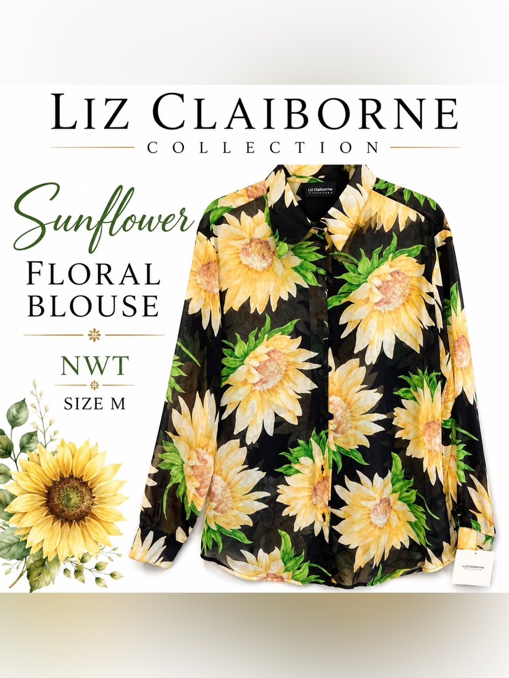 VTG Liz Claiborne Sport Golden Summer Sunflower Print Sheer Blouse NWT Deadstock
